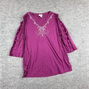 Distinct Shirt Womens Large Purple Rhinestone V Neck Strappy 3/4 Sleeve‎ Top